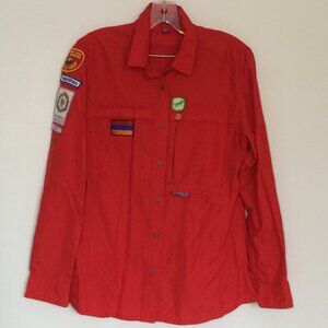 Scouts Canada Womens Blouse Sz 10 Red Nylon Vented Back Patches Long Sleeve